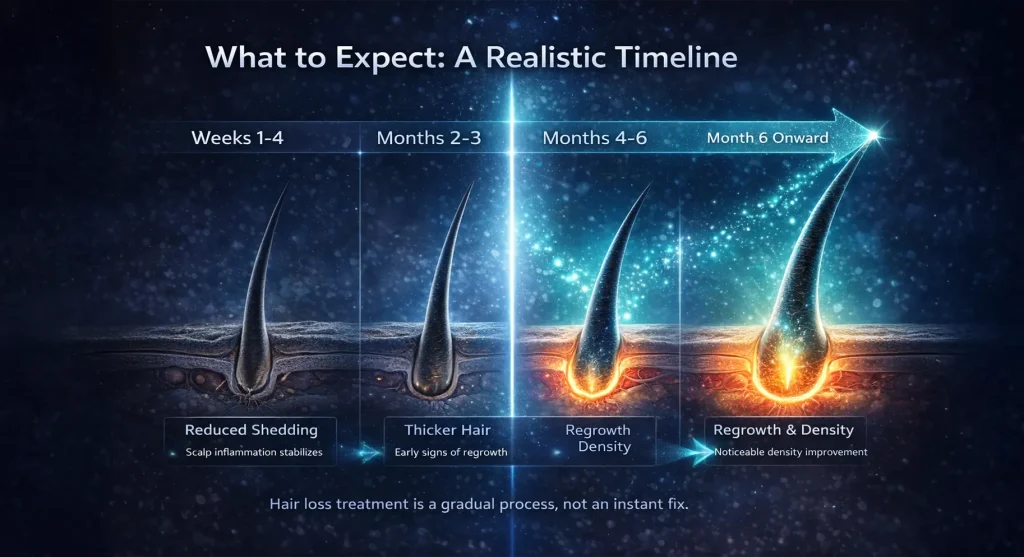 Comparison chart of hair loss treatments showing faster density gains from regenerative options over time