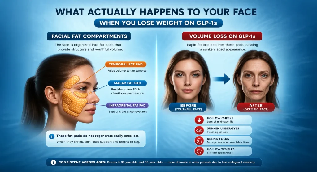 Diagram showing how rapid GLP-1 weight loss reduces facial fat pads and creates hollow, aged features