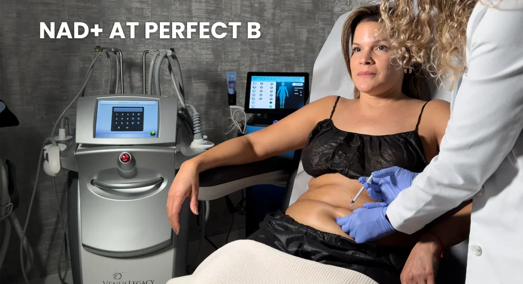 Structured NAD+ injection therapy protocol at Perfect B, starting in-clinic and continuing at home