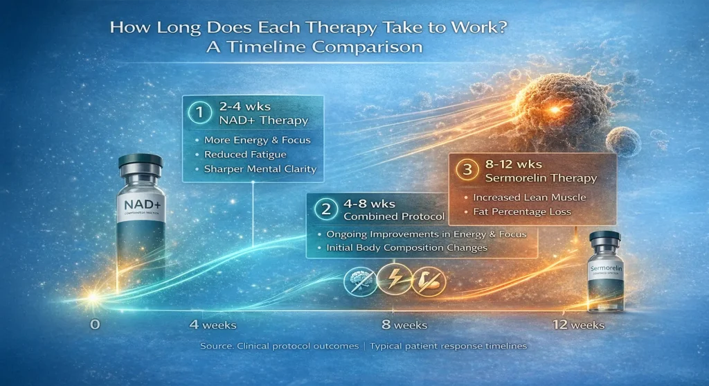 Timeline comparison showing how quickly NAD+ and Sermorelin therapies begin delivering noticeable results