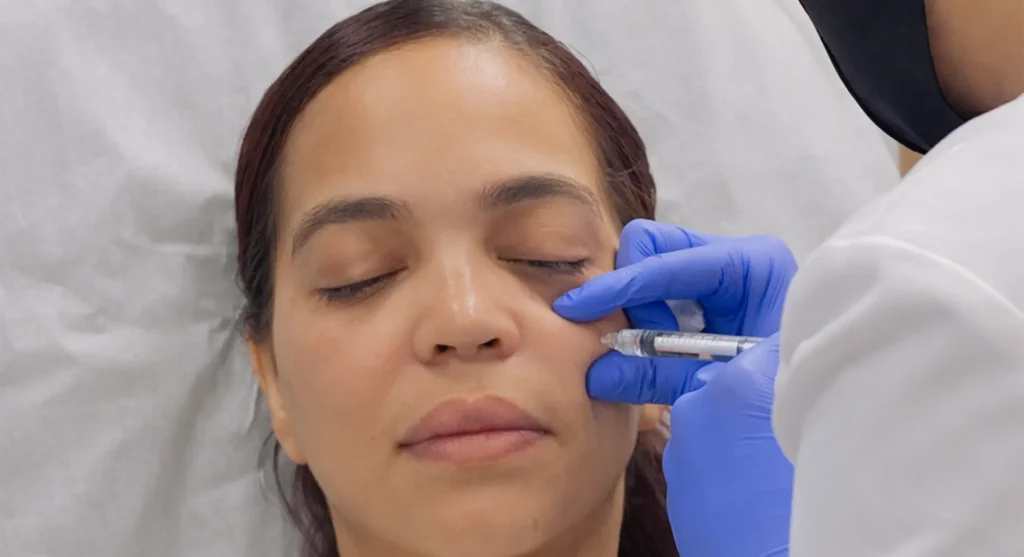 Eye area with restored contour after conservative filler adds structural support to soften hollows
