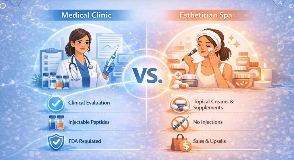 Comparison of a medical peptide clinic versus a spa peptide service, highlighting clinical safety and depth