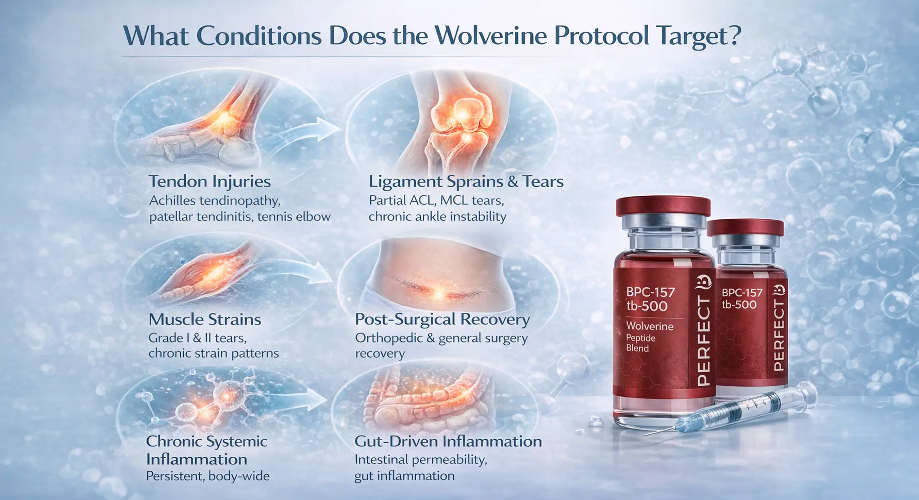 Perfect B - Blog - Peptides for Athletes - overview of the tendon, ligament, muscle, and post surgical recovery targets of the BPC-157 and TB-500 Wolverine blend