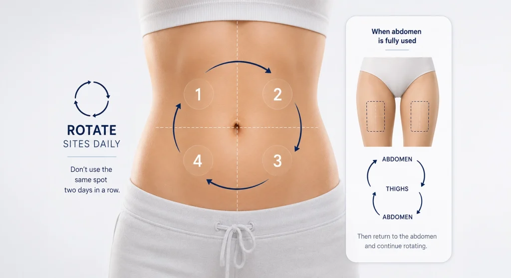 AOD 9604 dosage and injection protocol guide illustration for reconstitution and subcutaneous injection workflow
