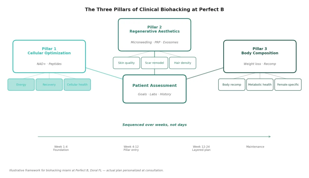 Perfect B - Blog - Biohacking Miami - Three pillars of clinical biohacking framework cellular optimization regenerative aesthetics body composition Doral FL