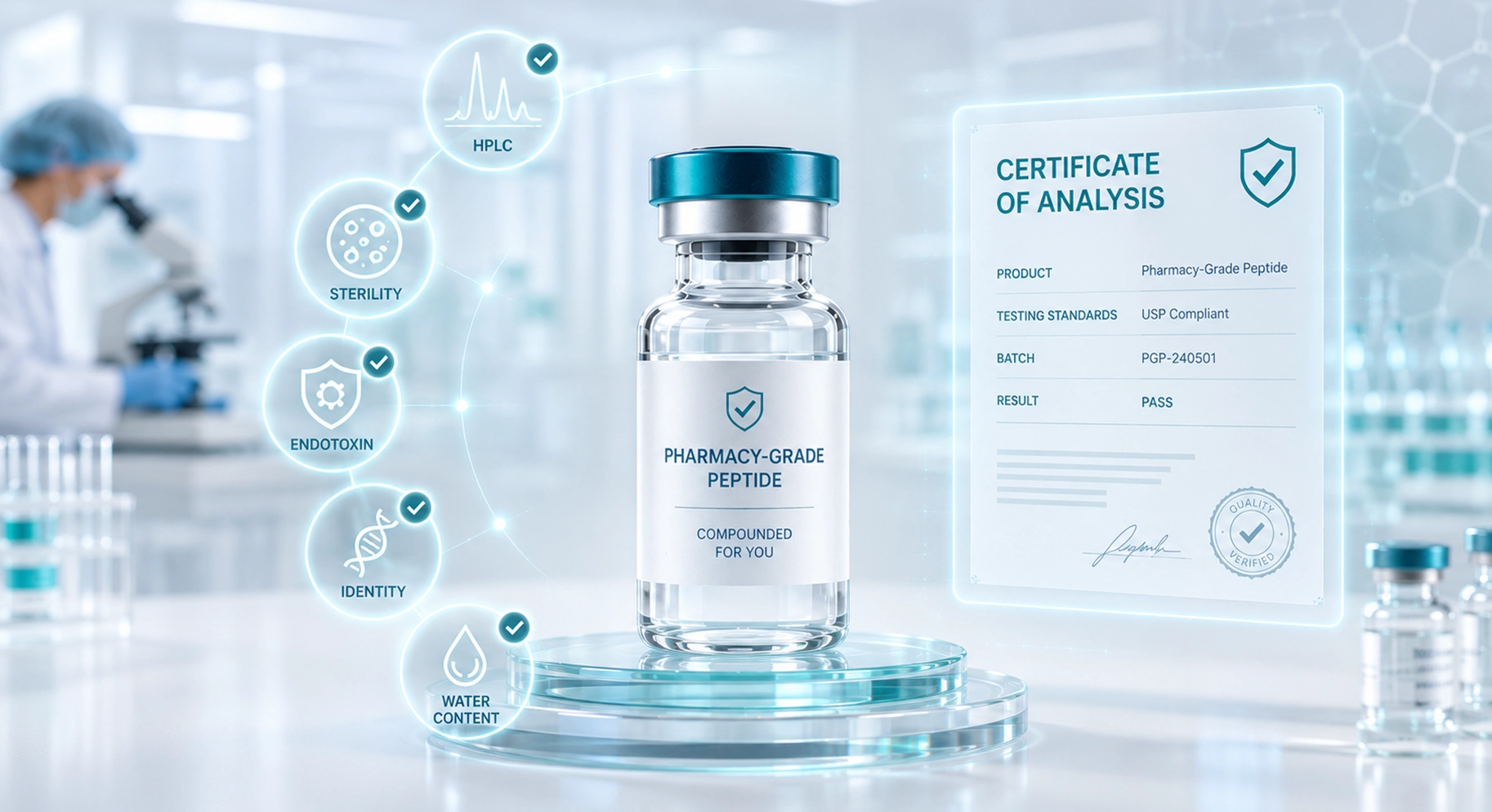 Perfect B - Blog - Are Compounded Peptides Safe - a pharmacy grade peptide vial with a certificate of analysis showing sterility and purity testing