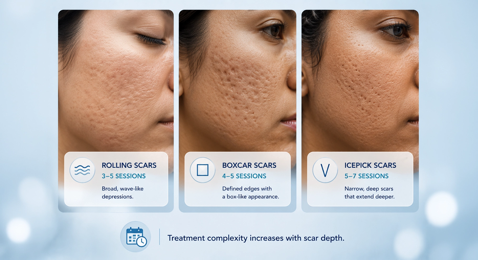 Perfect B - Blog - Best Acne Scar Specialist in Miami - comparison of rolling, boxcar, and icepick acne scars and their typical session ranges