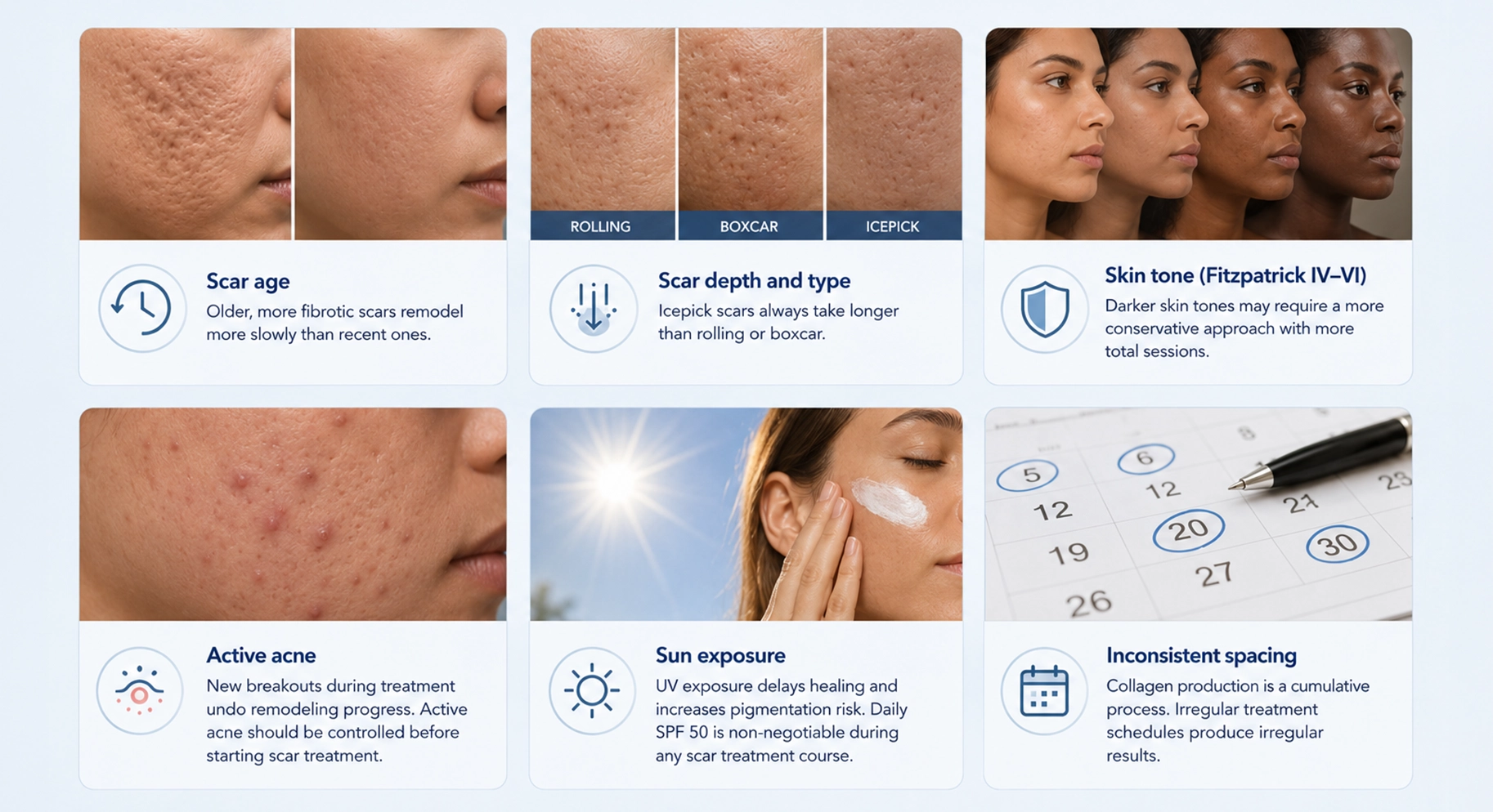 Perfect B - Blog - Best Acne Scar Specialist in Miami - factors that shape an acne scar plan including scar age, type, skin tone, active acne, sun, and spacing
