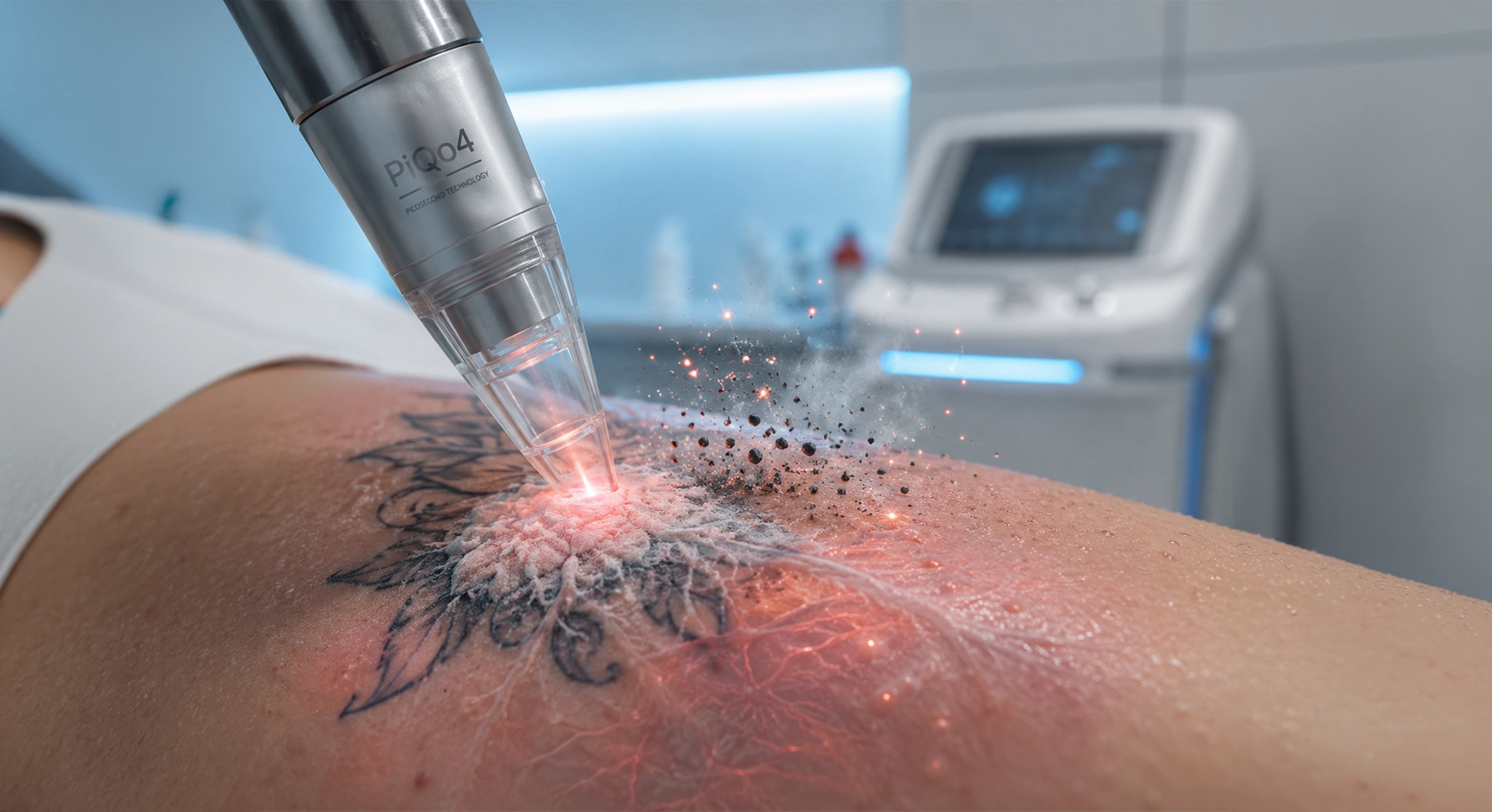 Perfect B - Blog - Hand and Finger Tattoo Removal - PiQo4 laser handpiece breaking down tattoo ink during a treatment session