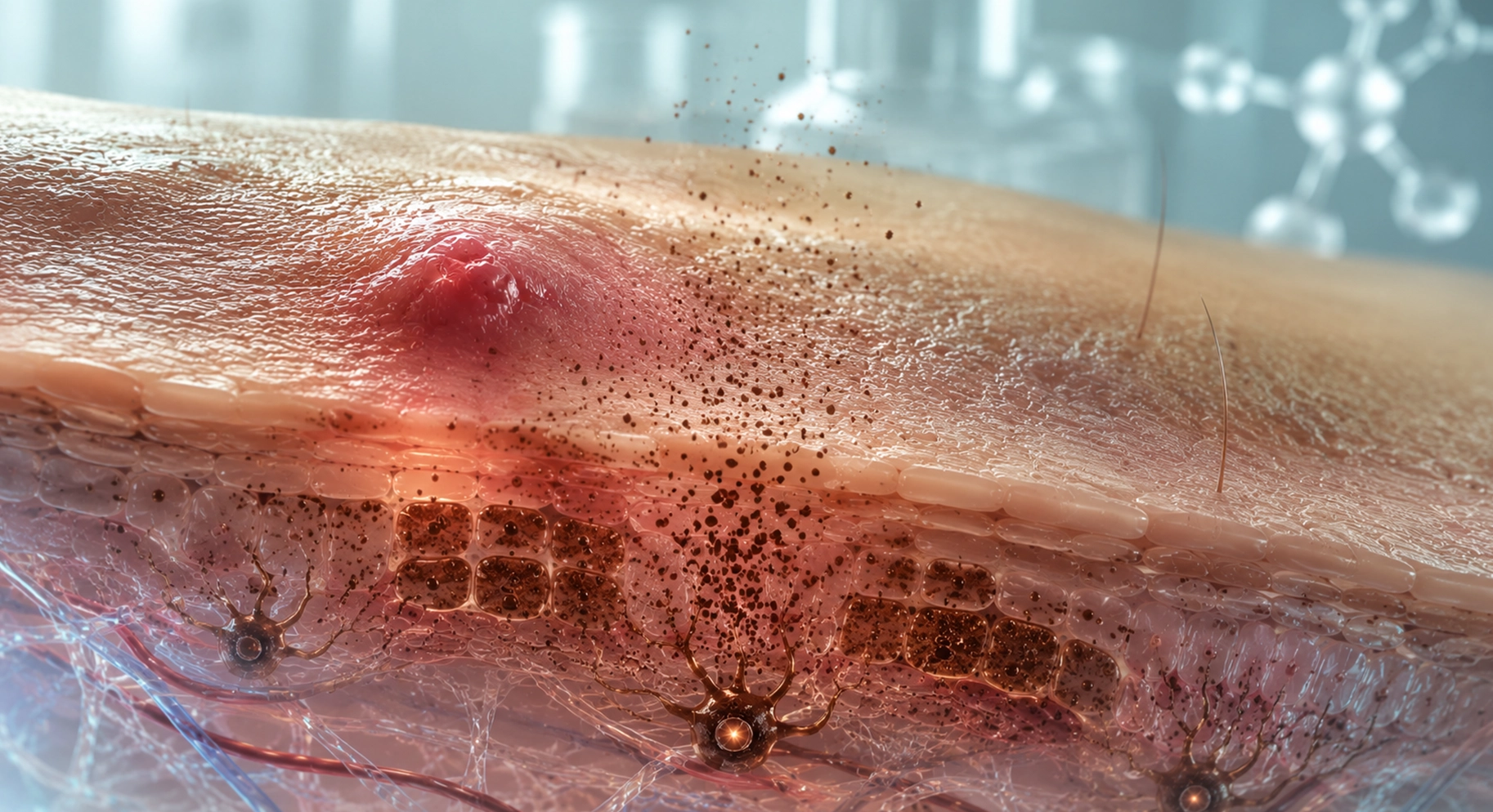 Perfect B - Blog - Acne in Hispanic and Latino Skin - diagram of how an inflamed pimple leaves post-inflammatory hyperpigmentation pigment behind in the skin