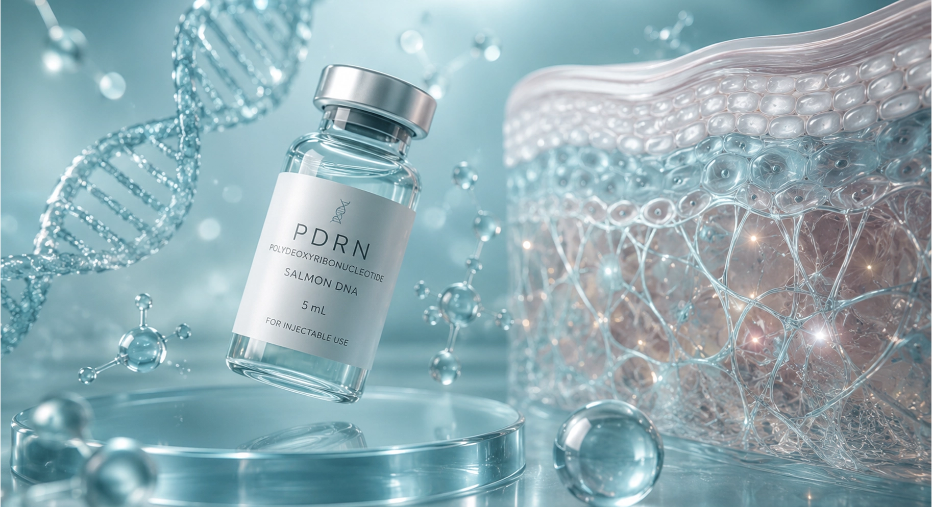 Perfect B - Blog - PDRN for Men - a PDRN salmon DNA vial beside a skin cross-section illustrating polydeoxyribonucleotide repair signaling