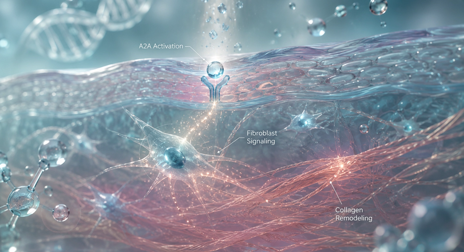 Perfect B - Blog - PDRN for Men - diagram of PDRN A2A receptor activation, fibroblast signaling, and collagen remodeling in the skin