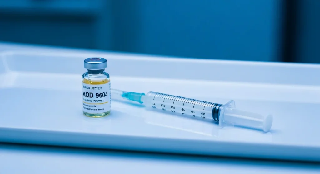 Perfect B - Blog - AOD 9604 in Miami - Clinical AOD 9604 peptide vial and syringe on a medical tray