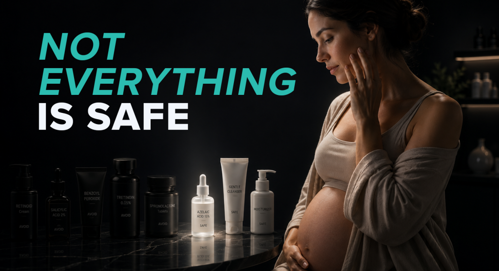 Pregnant woman with healthy glowing skin applying gentle pregnancy-safe skincare in soft natural light