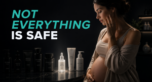 Pregnant woman with healthy glowing skin applying gentle pregnancy-safe skincare in soft natural light