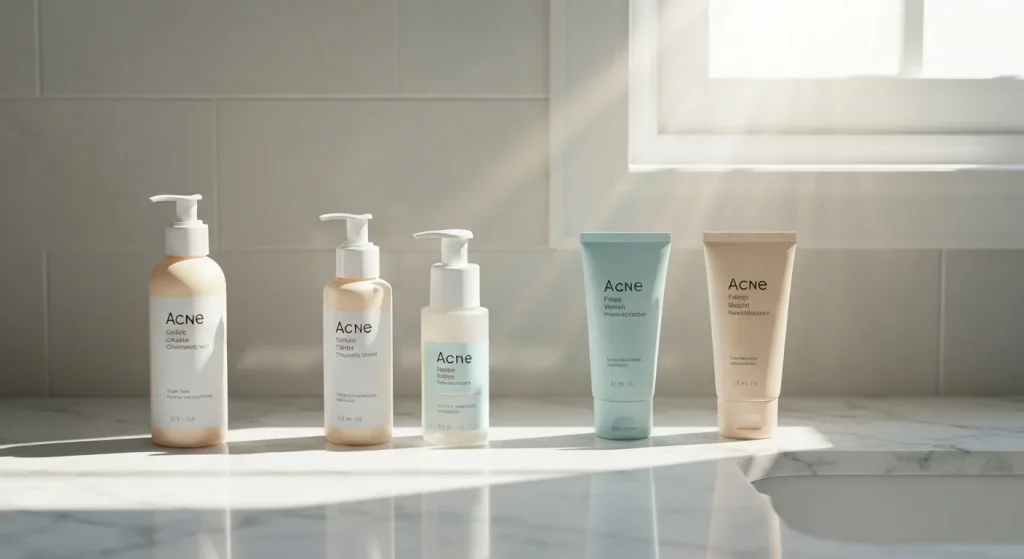 Perfect B - Blog - Acne Skincare Routine - Acne skincare products arranged on bathroom counter cleanser treatment moisturizer sunscreen