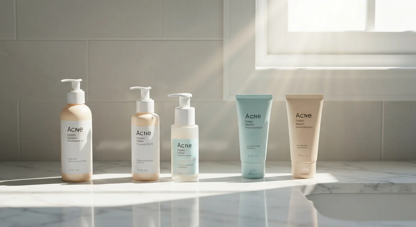 Perfect B - Blog - Acne Skincare Routine - Acne skincare products arranged on bathroom counter cleanser treatment moisturizer sunscreen