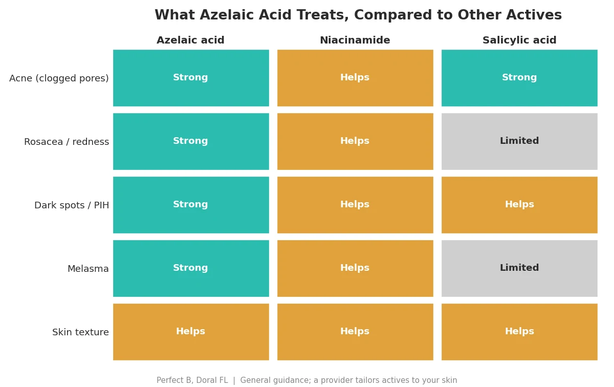 Perfect B - Blog - Azelaic Acid - Comparison of what azelaic acid treats versus niacinamide and salicylic acid