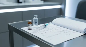 Perfect B - Blog - BPC-157 Dosage Calculator - BPC-157 vial and syringe with clinical protocol document