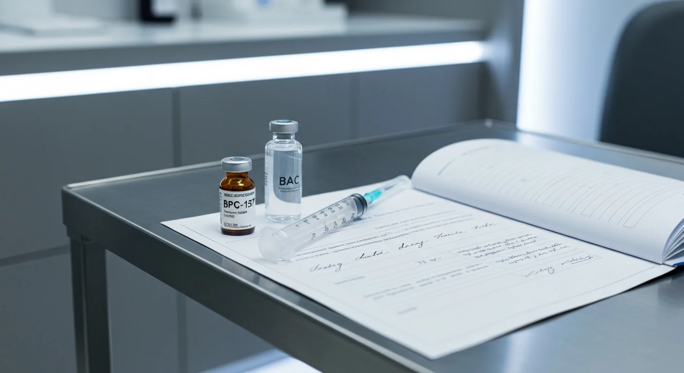 Perfect B - Blog - BPC-157 Dosage Calculator - BPC-157 vial and syringe with clinical protocol document