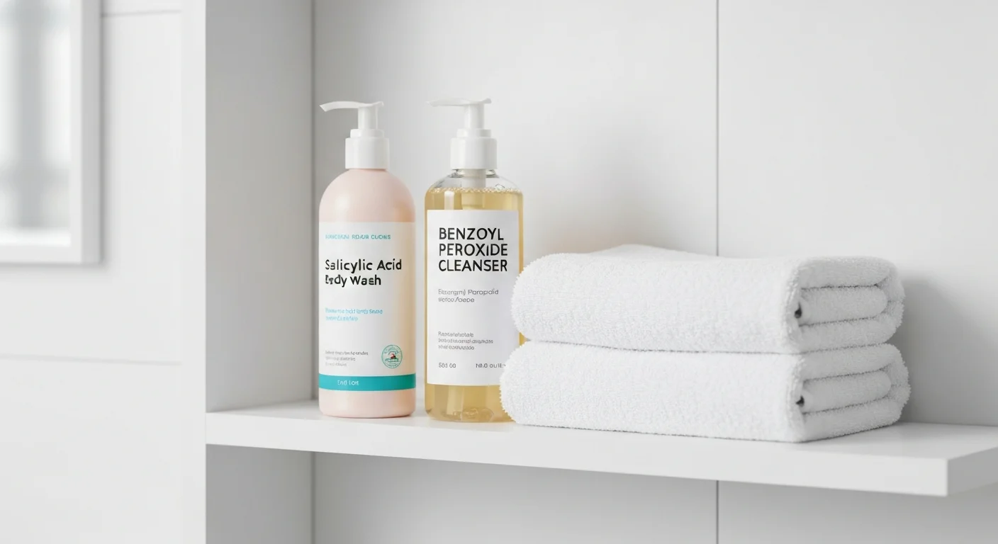 Perfect B - Blog - Back Acne Treatment - Body acne skincare products on bathroom shelf