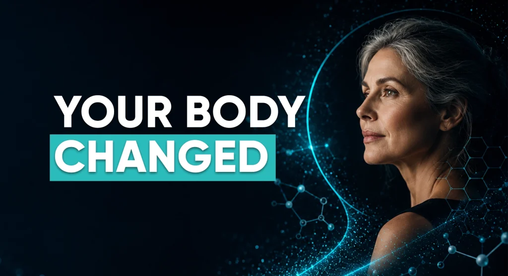 A mature woman looking forward with digital neural and molecular graphics, featuring the text "YOUR BODY CHANGED" for Perfect B's clinic in Doral.