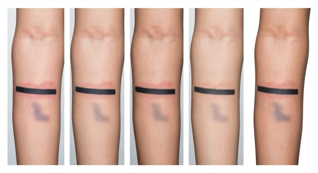 Perfect B - Blog - Black Ink Tattoo Removal - Progressive fading stages of black ink tattoo removal results at Perfect B Doral FL