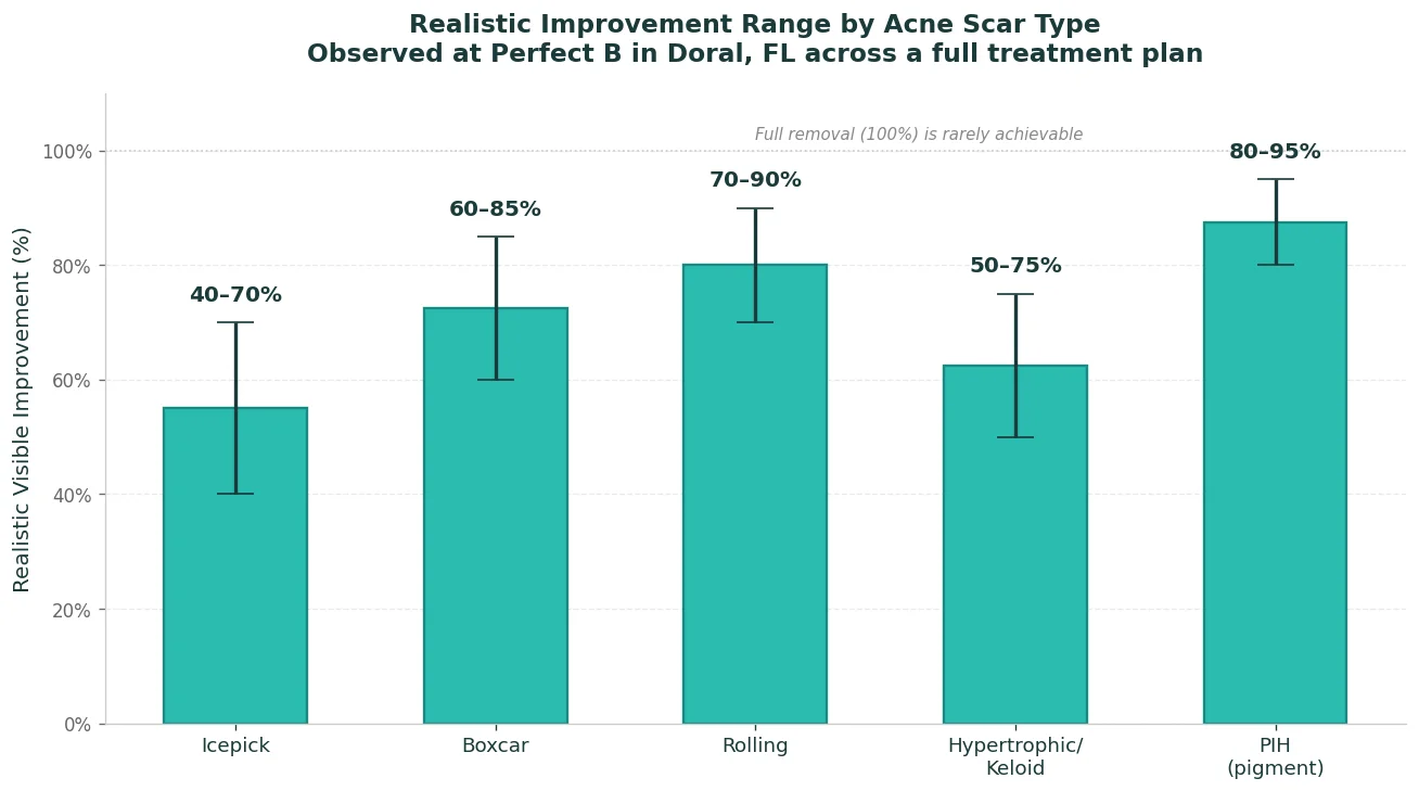 Perfect B - Blog - Can Acne Scars Be Fully Removed - Realistic improvement range chart by acne scar type Doral FL
