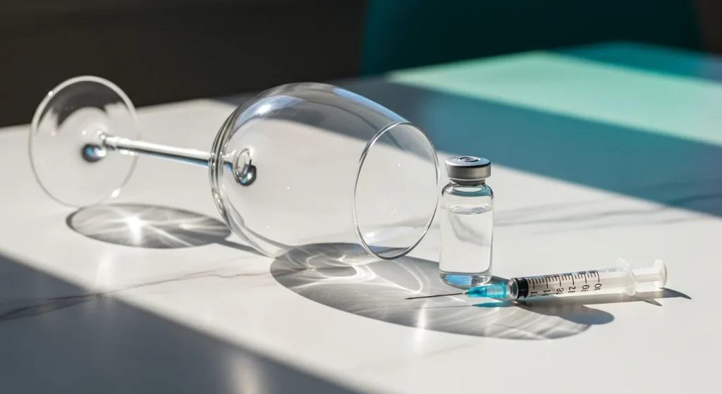 Perfect B - Blog - Can You Drink On Peptides - Wine glass next to medical peptide vial showing alcohol impact on therapy in Doral FL