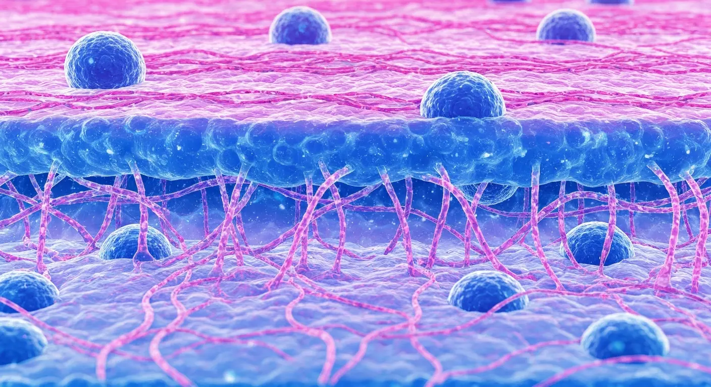 Perfect B - Blog - Exosomes vs PDRN - Microscopic view of skin cells and cellular signaling for regeneration