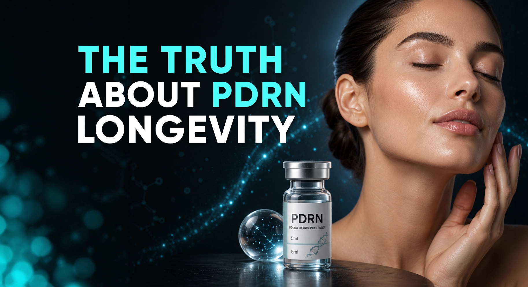 Perfect B - Blog - Sculptra PDRN Combo - PDRN salmon DNA skin booster vial beside a woman with radiant skin