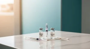 Perfect B - Blog - MOTS-c Dosage Calculator - Clinical vial with insulin syringe and bacteriostatic water
