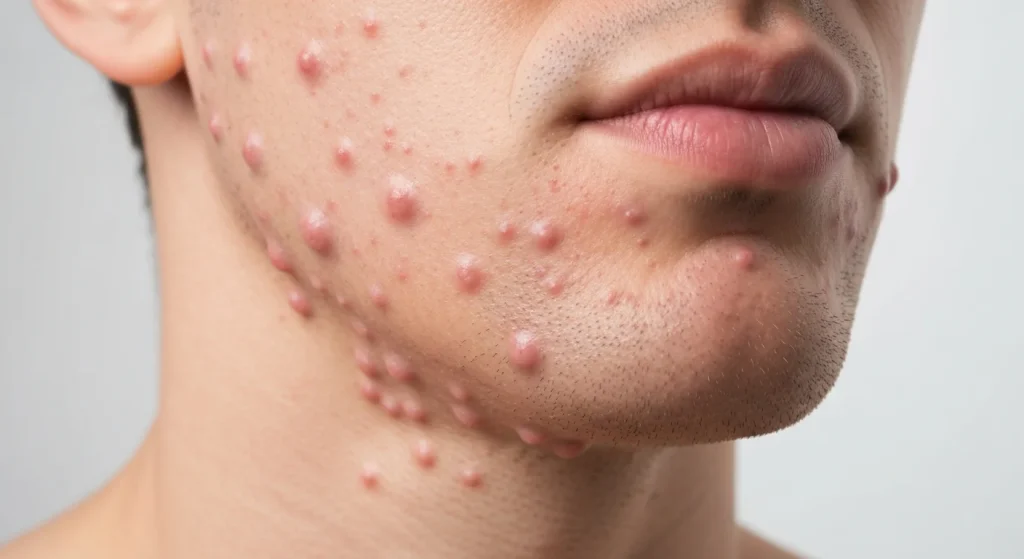 Perfect B - Blog - Male Acne Treatment - Inflammatory jawline acne in adult male showing papules and pustules typical of hormonal male acne