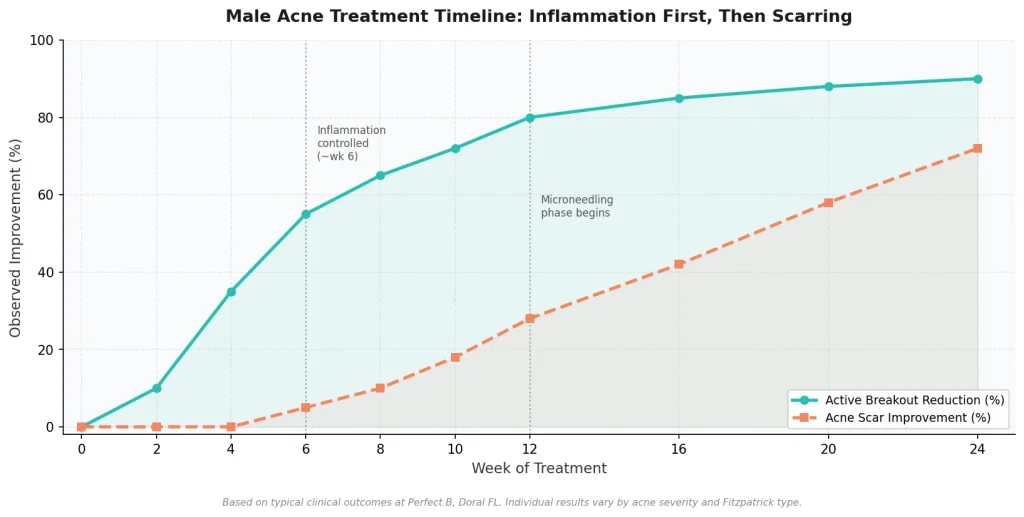 Perfect B - Blog - Male Acne Treatment - Clinical treatment timeline chart showing inflammation reduction before scar treatment sequence at Perfect B Doral FL