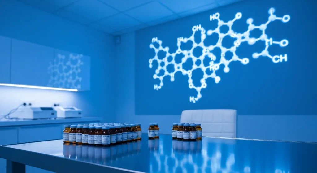 Perfect B - Blog - Peptides for Hormone Balance - Clinical lab vials and hypothalamic pituitary axis diagram