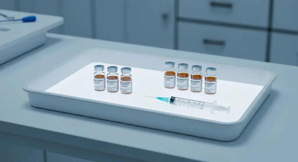 Perfect B - Blog - Peptides for Joint Pain - Clinical peptide vials and syringe on a medical tray