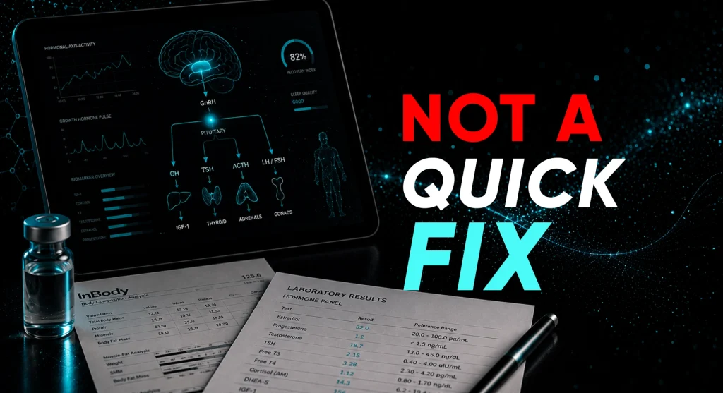 A high-tech digital tablet showing hormonal axis activity and InBody laboratory results with the text "NOT A QUICK FIX" at Perfect B clinic in Doral.