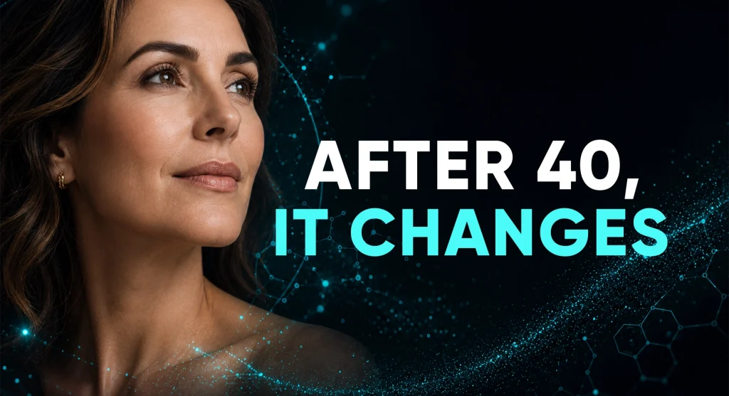 A woman in her 40s looking upward with digital molecular graphics and the text "AFTER 40, IT CHANGES" for Perfect B's clinic in Doral.