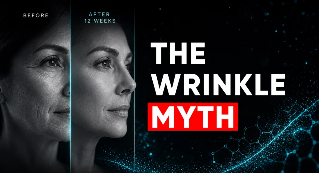 Before and after comparison of a woman's face after 12 weeks of treatment at Perfect B, titled "The Wrinkle Myth," showing significant reduction in fine lines.
