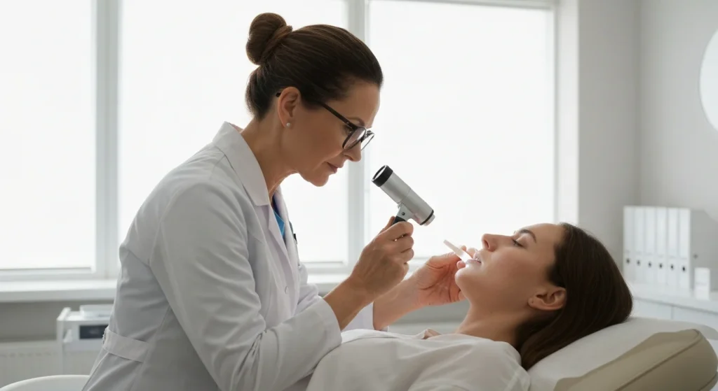 Perfect B - Blog - Perioral Dermatitis vs Acne - Dermatologist examining perioral skin condition clinical evaluation