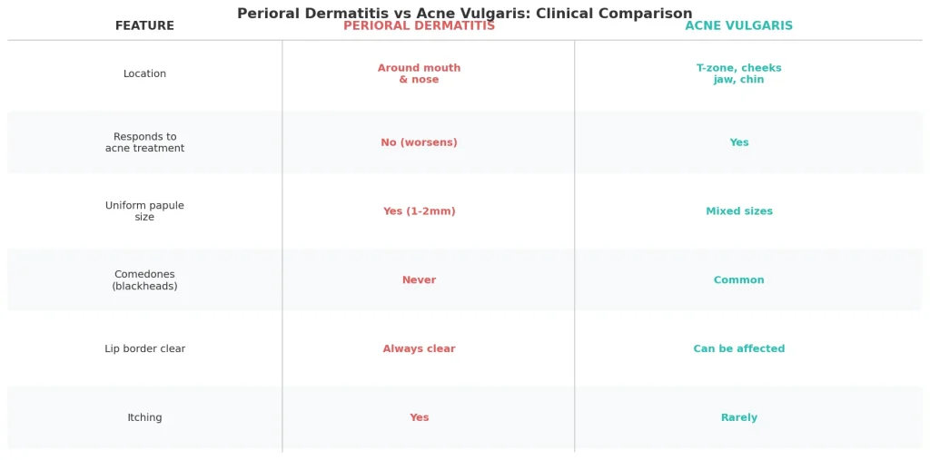 Perfect B - Blog - Perioral Dermatitis vs Acne - Clinical comparison chart perioral dermatitis versus acne vulgaris features