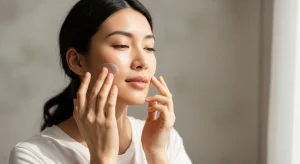 Pregnant woman with healthy glowing skin applying gentle pregnancy-safe skincare in soft natural light