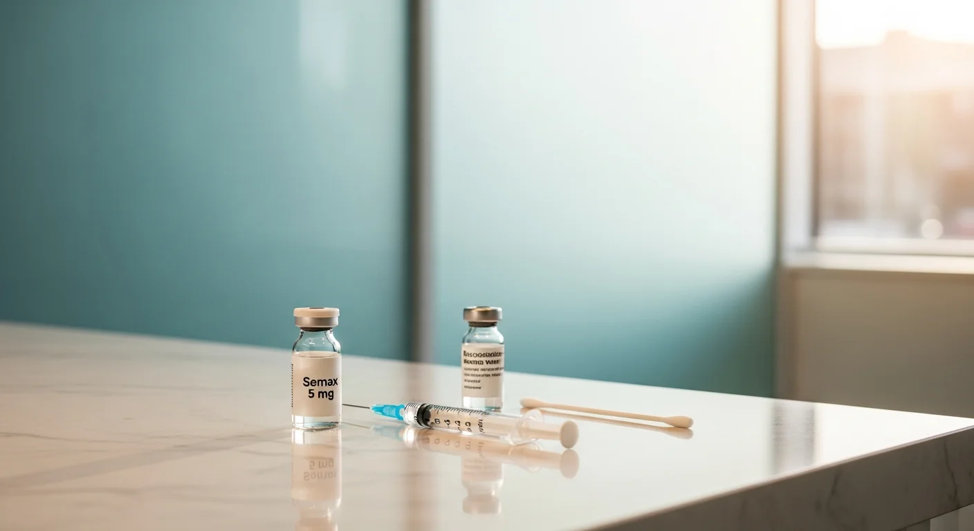 Perfect B - Blog - Semax Dosage Calculator - Clinical vial with insulin syringe and bacteriostatic water in morning light