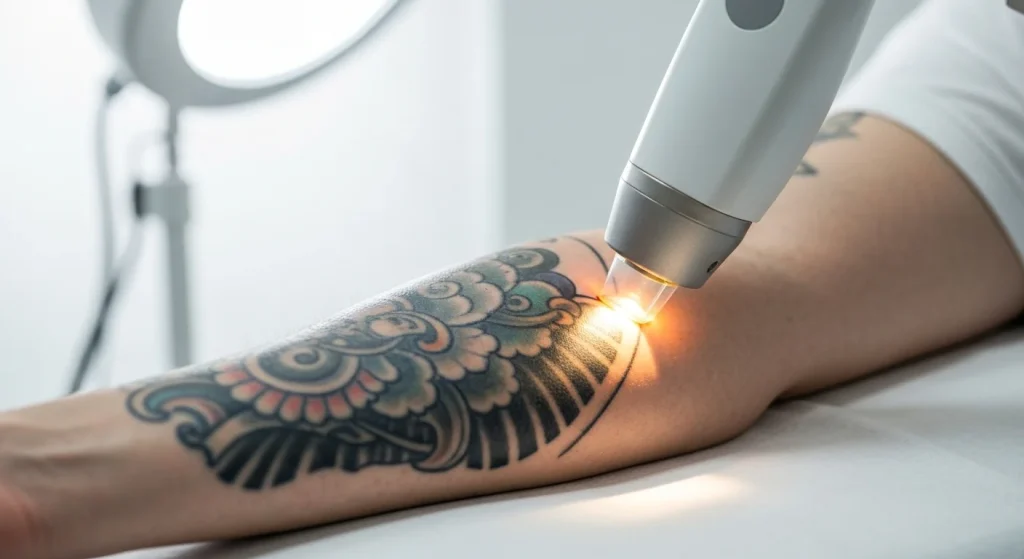 Perfect B - Blog - Sleeve Tattoo Removal - Laser treatment on tattooed arm in clinical setting