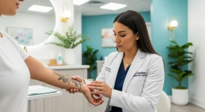 Perfect B - Blog - Tattoo Removal vs Cover-Up - Medical provider consulting patient about tattoo options in Doral FL clinic