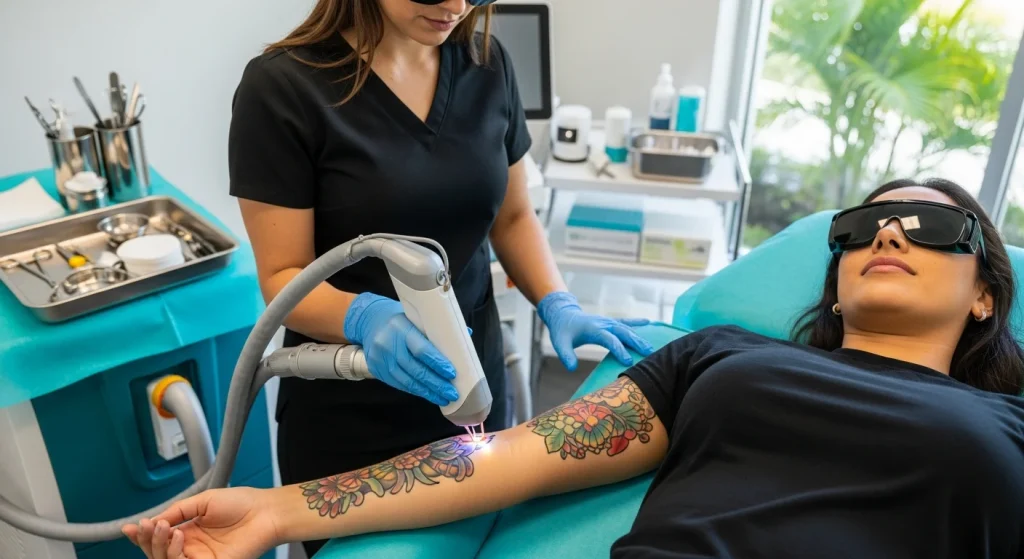 Perfect B - Blog - Tattoo Removal vs Cover-Up - Laser tattoo removal in progress at Perfect B Doral FL medical clinic