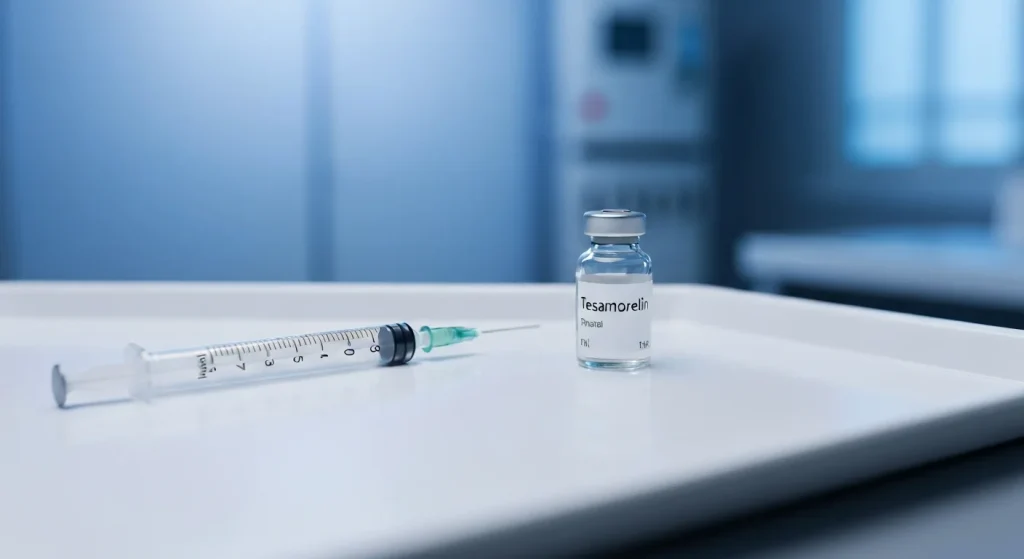 Perfect B - Blog - Tesamorelin in Miami - Clinical tesamorelin peptide vial and syringe on a medical tray