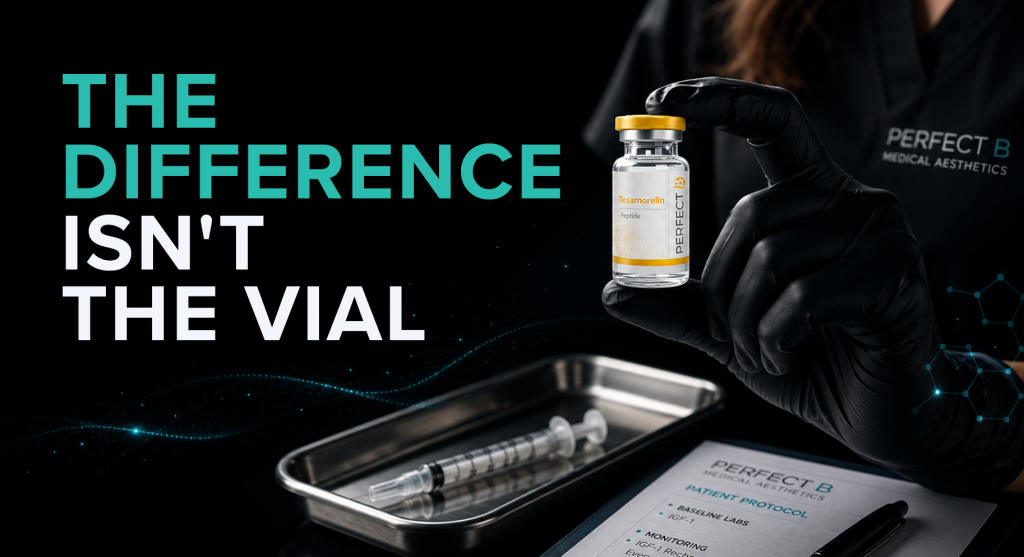 Perfect B - Blog - Tesamorelin in Miami - Clinical tesamorelin peptide vial and syringe on a medical tray