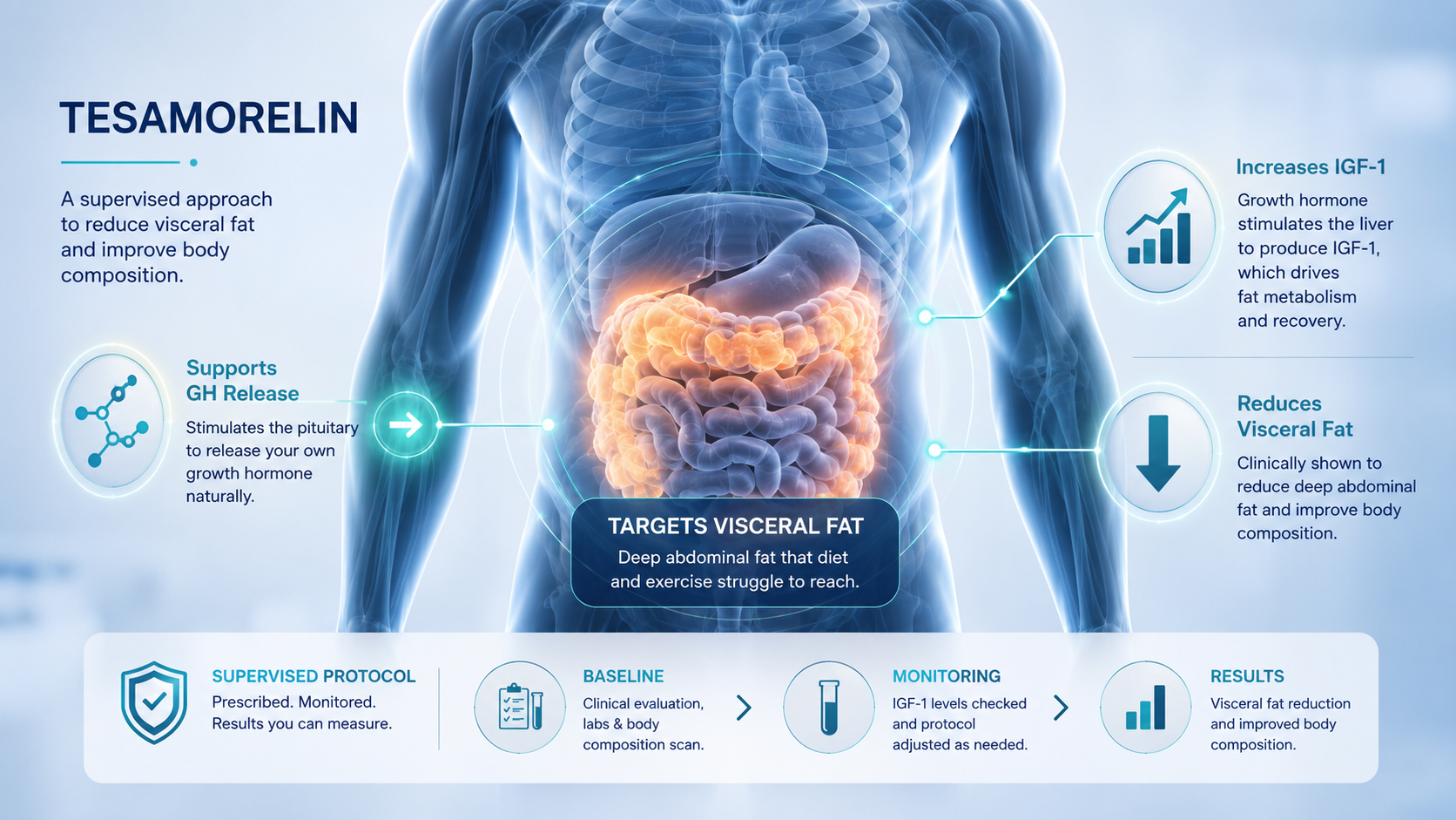 Perfect B - Blog - Weight Loss Peptides Miami - Tesamorelin infographic showing a supervised protocol from baseline to results