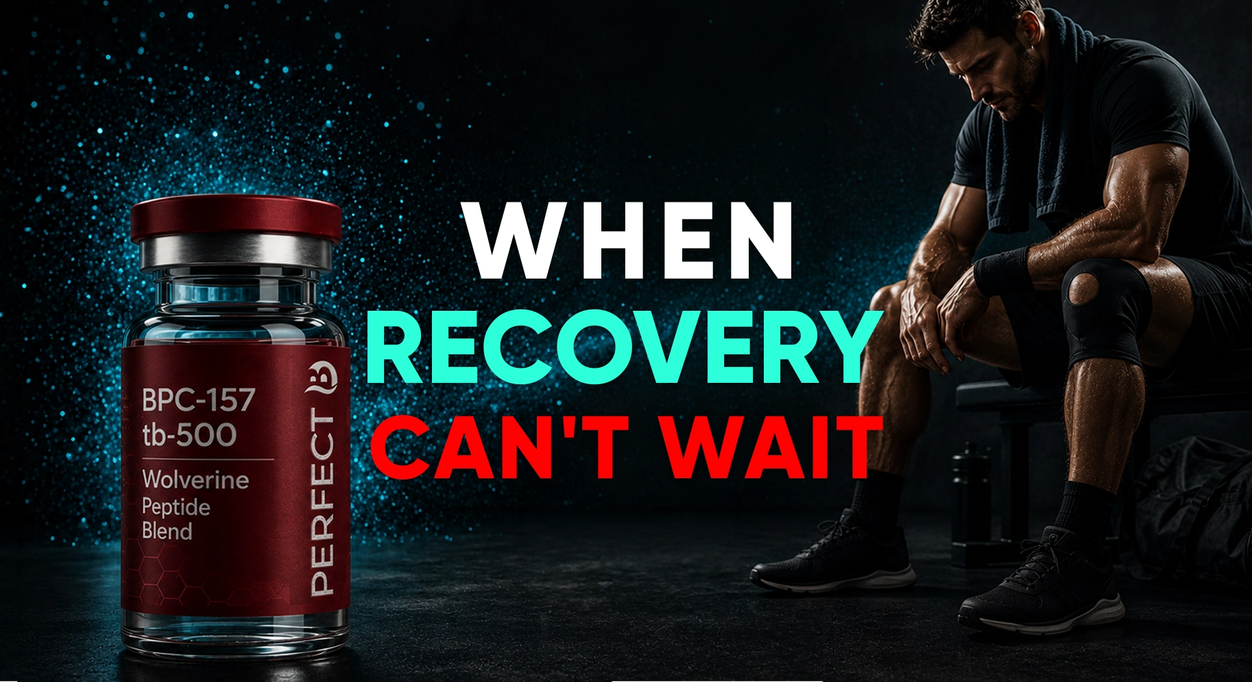 Perfect B - Blog - Muscle Recovery vs Growth Peptides - a BPC-157 and TB-500 Wolverine recovery peptide blend vial beside an athlete resting after training